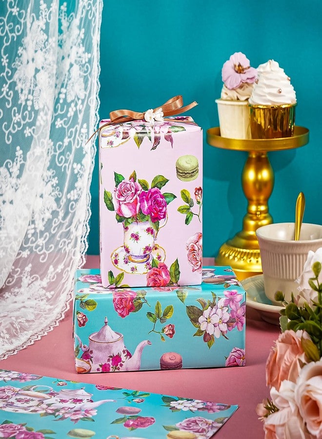 WRAPAHOLIC Tea Party Wrapping Paper Sheet - 8 Sheets Elegant Teapot and Pink Floral Wrapping Paper Folded Flat for Tea Party, Birthday, Wedding, Bridal Shower - 19.7 Inch x 27.5 Inch Per Sheet - Image 5